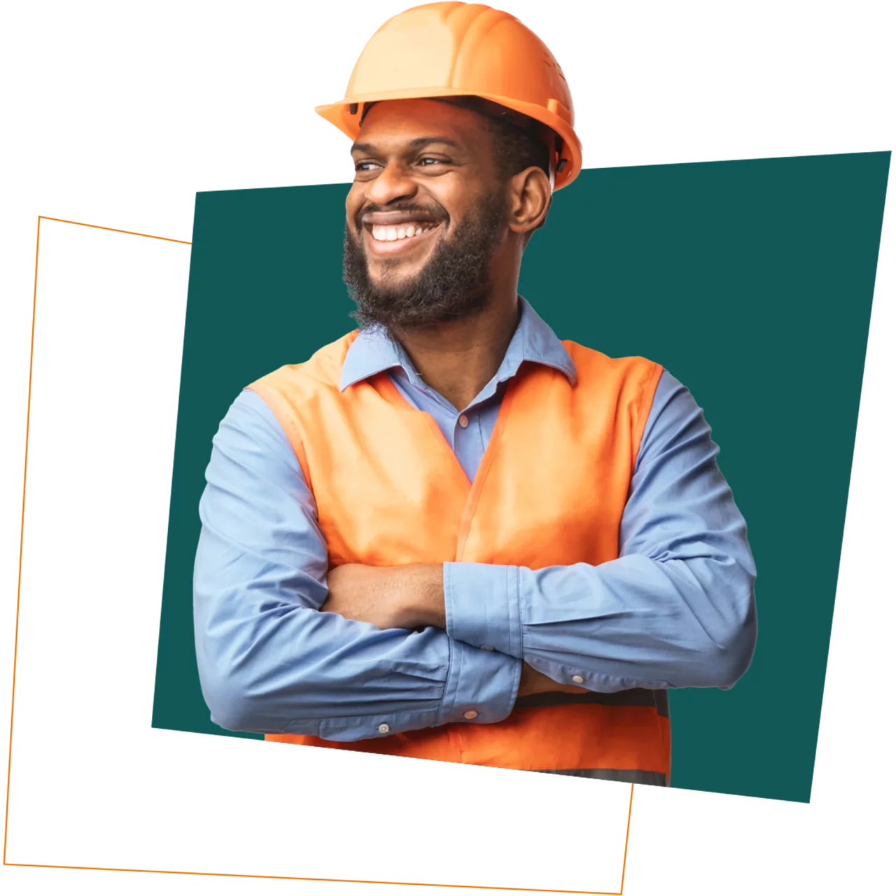 man with work helmet and orange work vest.