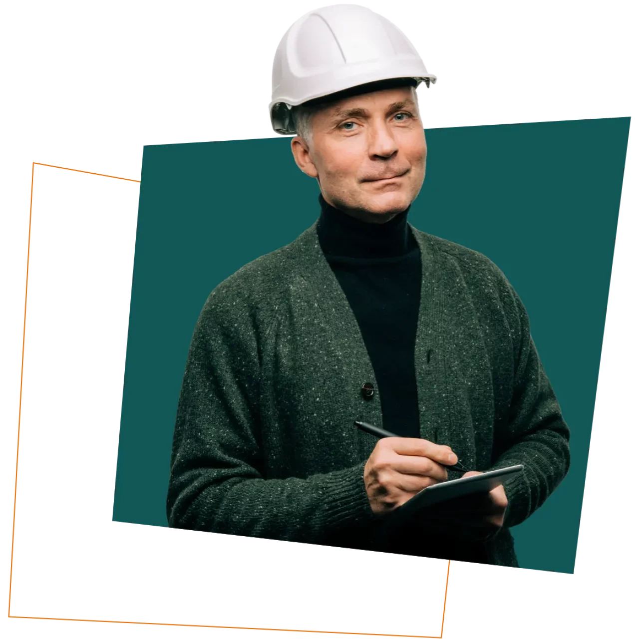 man with work helmet and tablet.
